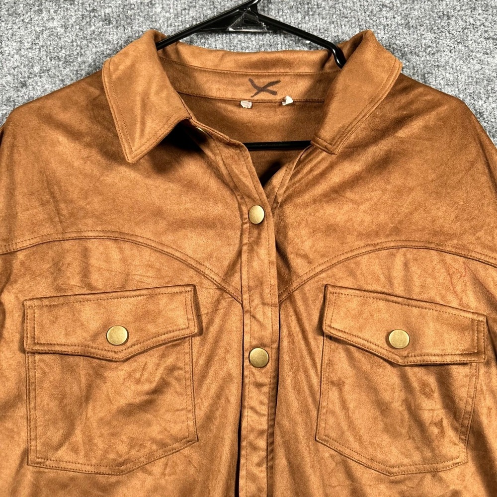 X Faux Suede Jacket Womens Size L Brown Fringe Western Snap Button Cropped Coat